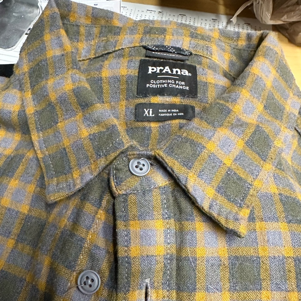 Prana Men's Olive and Mustard Plaid Shirt